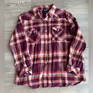 Wrangler Retro Burgundy and Orange Plaid Button Down Shirt